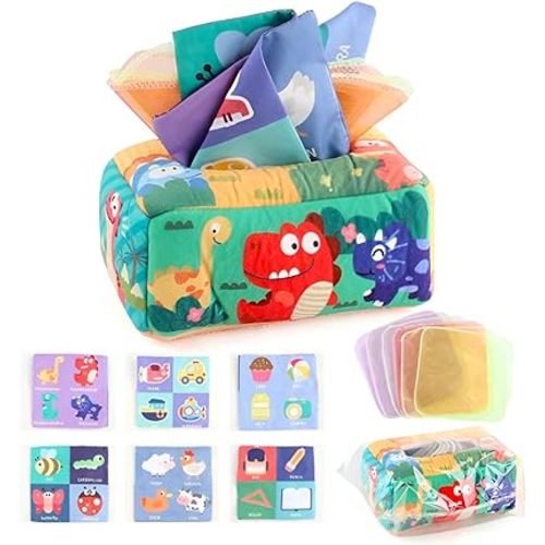 ML Olivia Baby Tissue Box Toy 6 to 12 Months - Montessori for Babies 6-12 Months, Soft Stuffed Crinkle Infant Sensory Toys, Boys&Girls Kids Early Learning Gifts