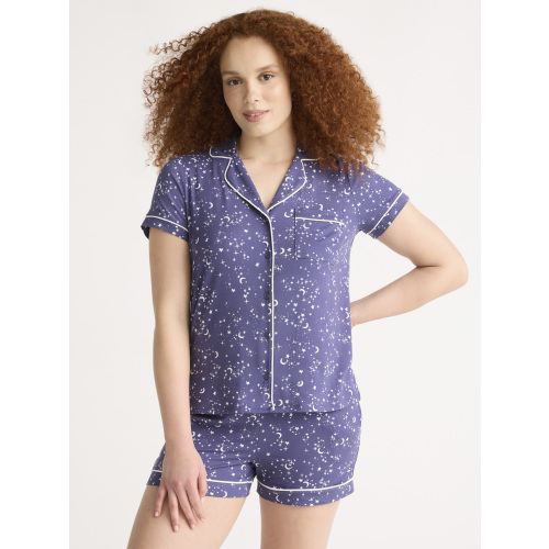 Joyspun Women’s Dreamy Soft Collection Short Sleeve Knit Notch Collar Top and Shorts Pajama Set, 2-Piece, Sizes XS-3X