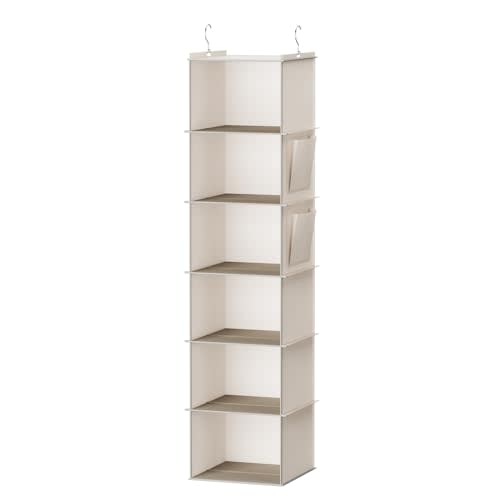 YOUDENOVA Hanging Closet Organizer, 6-Shelf Closet Hanging Storage with Side Pockets, Beige