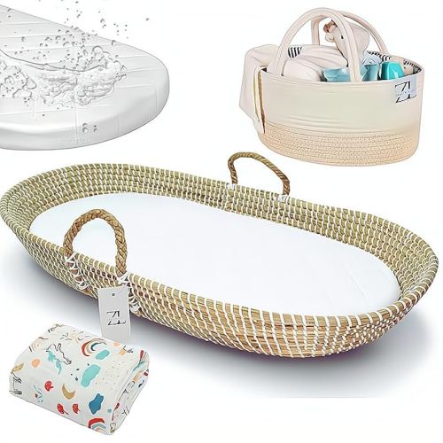 ZEAL'N LIFE Seagrass Baby Changing Basket, Baby Towel, Diaper Caddy & Waterproof Changing Pad | Portable Diaper Changing Topper for Dresser or Table | A Nursery Essential