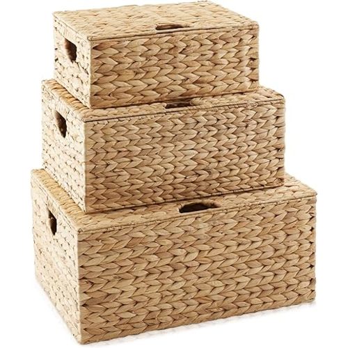 Casafield Set of 3 Water Hyacinth Rectangular Storage Baskets with Lids (Natural - Small/Medium/Large) for Bedroom, Bathroom, Laundry, Home Office