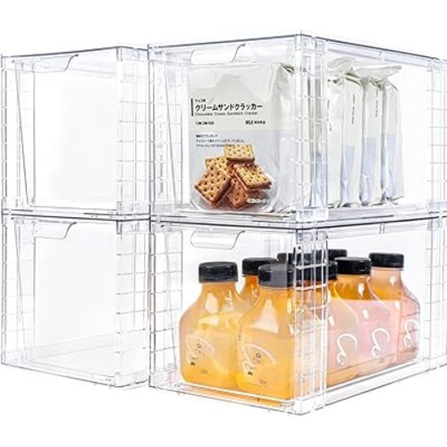 4Pack Large Stackable Storage Drawers,Clear Acrylic Organizers with Handle,Easily Assemble for Kitchen Undersink,Bathroom,Cabinet,Makeup,Closet,Medicine,Pantry Organization Bins