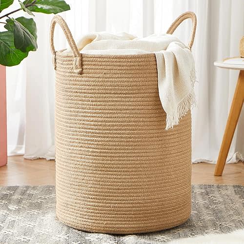 62L Jute Woven Rope Laundry Basket Tall Hamper for Clothe Blanket Toy Organization in Living Room Luanry Room Bedroom Storage Basket for Baby Nursery Kids Large