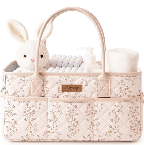 Amazon.com: Konssy Baby Diaper Caddy Organizer, Floral Design with PU Leather Handles | Quilted, Water-Repellent, Diaper Caddy Basket with Removable Dividers, Baby Registry Must Have, Newborn Essentials (Floral)
