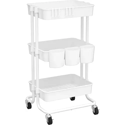 CAXXA 3-Tier Rolling Storage Organizer with 3 Small Baskets - Mobile Utility Cart with Caster Wheels (White)