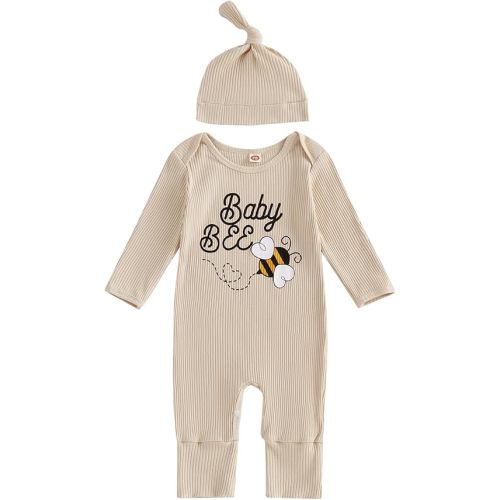 Chloefairy Newborn Baby Boy Girl Bee Jumpsuit New to the Hive Bee Onesie Romper Long Sleeve Ribbed Playsuit Hat Fall Outfit