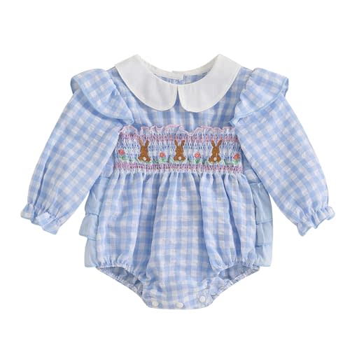 Adobabirl Infant Baby Girl Outfit Newborn Bow Bubble Romper Long Sleeve Embroidery Jumpsuit Cute Smocked Clothes