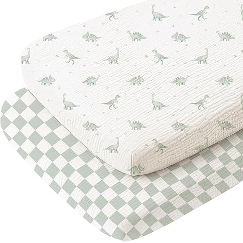 Konssy 2 Pack Muslin Bassinet Sheets for Baby Boy, 100% Cotton Soft Breathable Bassinet Mattress Sheets Fit for Hourglass Oval Cradle Rectangle Mattress (Green Dino,Baby Green Plaid)