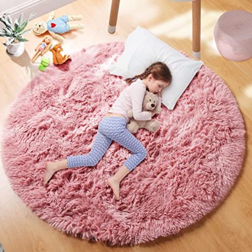 PAGISOFE Round Area Rug,5'X5',Fluffy Rugs for Bedroom,Furry Rugs for Girls Room,Fuzzy Rugs for Nursery,Circle Rugs for Kids Room,Shag Carpet Rugs for Playroom,Cute Rugs for Baby,Blush