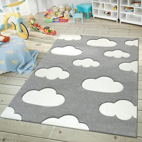 Modern Kids Rug with Clouds in Grey Pastel for Nursery, Size: 5'3" x 7'7"