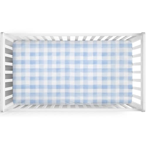 Watercolor Gingham Tartans Baby Crib Sheets for Boys Girls Blue and White Checkered Soft Stretchy Fitted Newborn Bedding Nursery Baby Sheets 52x28 Buffalo Plaids Pastel Standard Crib Mattress Covers