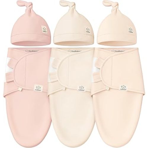 KeaBabies 3-Pack Swaddles for Newborns, Girls, Boys with Hats - Organic Soft Baby Sleep Sacks, Breathable Baby Swaddle 3-6 Months Beanies Set, Premie Infant Sleep Sack 0-3 Months (Angelic)