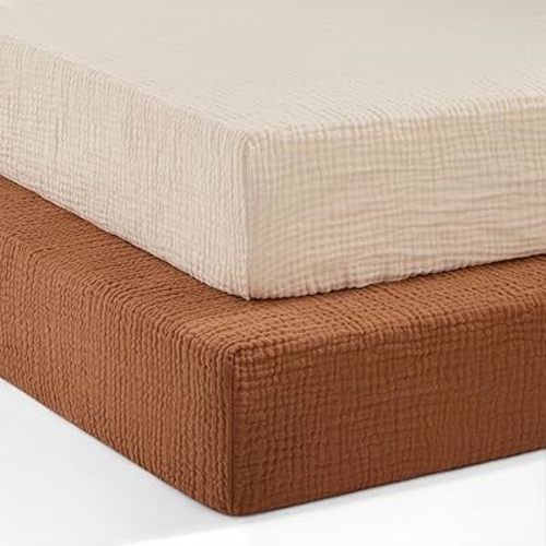 Pro Goleem 2 Pack Muslin Crib Sheets for Boys and Girls, 100% Cotton Soft Breathable Neutral Fitted Baby Bed Sheets Set for Standard Crib Mattress & Toddler Mattress 52"x28", (Brown&Beige)