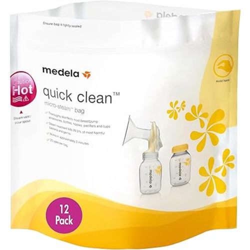 Medela Quick Clean MicroSteam Bags, Sterilizing Bags for Bottles Breast Pump Parts Eliminates 99.9 of Common Bacteria Germs Disinfects Most Breastpump Accessories, Yellow, 12 Pack