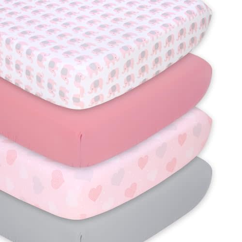 The Peanutshell 4-Pack Fitted Crib Sheet Set - Super Soft & Breathable Baby Girl Crib Sheets, Nursery Decor, Fit for Standard Crib Mattress Sheet - Pink Elephants
