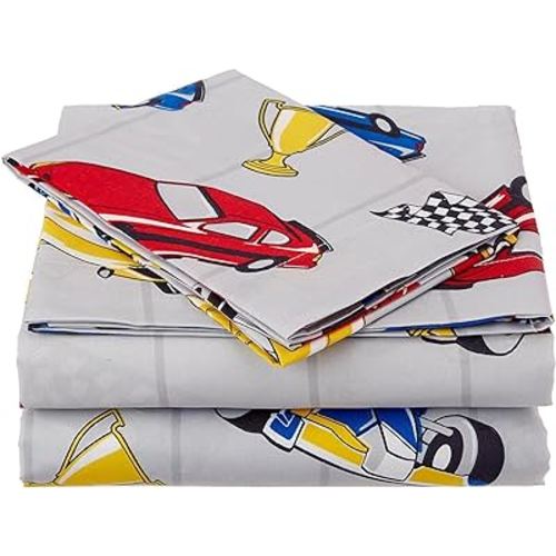 Linen Plus Sheet Set for Boys/Teens Race Cars Flags Champion Grey Yellow Red Blue Black White Flat Sheet Fitted Sheet and Pillow Case Twin Size New