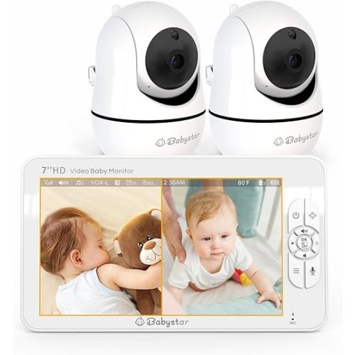 Babystar Baby Monitor with 2 Cameras, Upgraded 7" 1080P HD Split Screen Baby Monitor No WiFi,Video Baby Monitor with Camera and Audio, 4000mAh, 2 Way Audio, Auto Night Vision,Remote PTZ,Lullabies