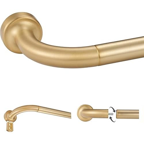 Warm Gold Disc Curtain Rods, 28-48 Inches Window Curtain Rod,Adjustable Room Darkening Curtain Rod with Aluminum Finials and Brackets,Wrap Around Design