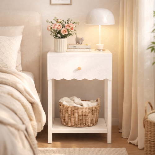 Modern White Nightstand with Drawer and Open Shelf, Bedside Table with Scalloped Edge for Bedroom, Small Side Table for Bedroom, Living Room