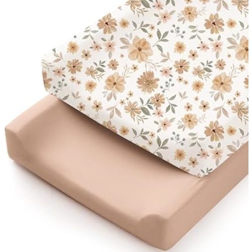 Konssy 2 Pack Stretchy Changing Pad Covers for Girl, Boy, Silky Soft Changing Table Cover, Breathable Baby Nursery Diaper Chang Pad Sheets (Toffee, Flourish)