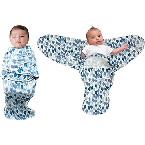 Norani Baby Snugababe Swaddle Pod for Newborns – Secure Arm Inserts Prevent Escape, Easy-Zip for Diaper Changes, Award-Winning Best Sleep Solution, Blue Balloons