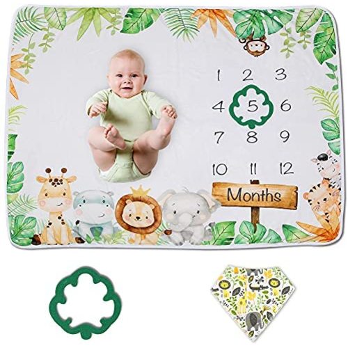 Baby Monthly Milestone Blanket Boy or Girl | Safari Jungle Animals Months Blanket | Gender Neutral Photo Blanket for Newborn Baby | Super Soft Premium Fleece | Bib+Marker 40"x50"