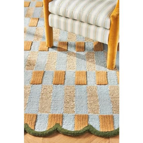 Hand-Tufted Wool Rug with Scalloped Edges, Light Blue Plaid Pattern, Cozy Soft Area Rug for Living Room, Bedroom, and Nursery, Handmade Modern Accent Rug, 5x5 Ft (Square)