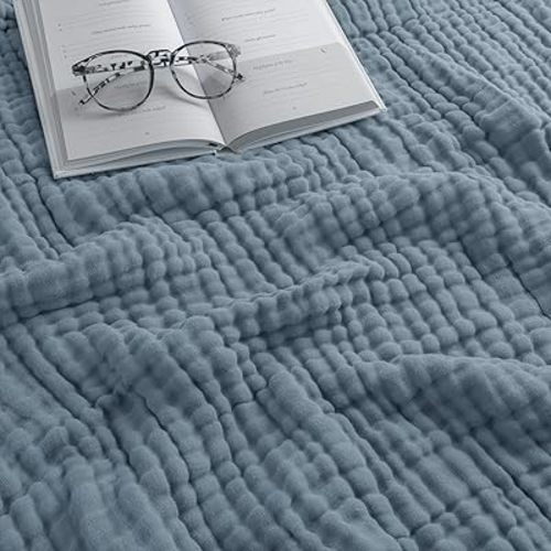 Comfy Cubs Muslin Throw Blanket - 50” x 60” Quilted Design - Lightweight, Breathable 6-Layer Gauze Fabric - Soft Cotton Blanket for Home or Travel - Packaged in Elegant Gift Box - Pacific Blue