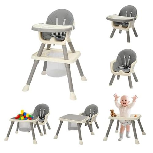 JOYMOR 7 in 1 High Chair for Babies and Toddlers, Convertible Kids Learning Table and Chair with Large Baske for Storage (Gray)