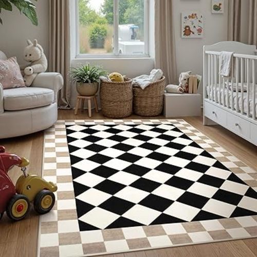 Morebes Checkered 5x7 Rug for Living Room, Washable Black Area Rug for Bedroom Non Slip Nursery Rug, Large Checkerboard Soft Indoor Floor Carpet for Kids Room Playroom