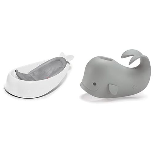 Skip Hop Baby Bath Tub, 3-Stage Smart Sling Tub, Moby, White & Baby Bath Spout Cover, Universal Fit, Moby, Grey - White Tub + Baby Bath Spout Cover Grey