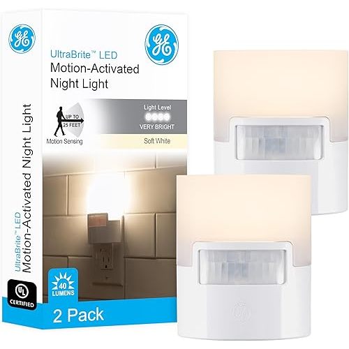 GE LED Motion Sensor Night Light, Plug into wall, 40 Lumens, Soft White, UL-Certified, Energy Efficient, Ideal Nightlight for Bedroom, Bathroom, Kitchen, Hallway, 46632, White, 2 Pack