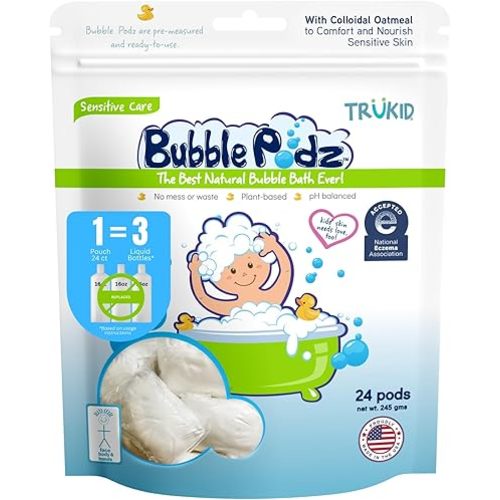 TruKid Bubble Podz Bubble Bath for Baby & Kids, NEA-Accepted for Eczema, Gentle Refreshing Colloidal Oatmeal Bath Bomb for Sensitive Skin, pH Balance 7 for Eye Sensitivity, Unscented (24 Podz)