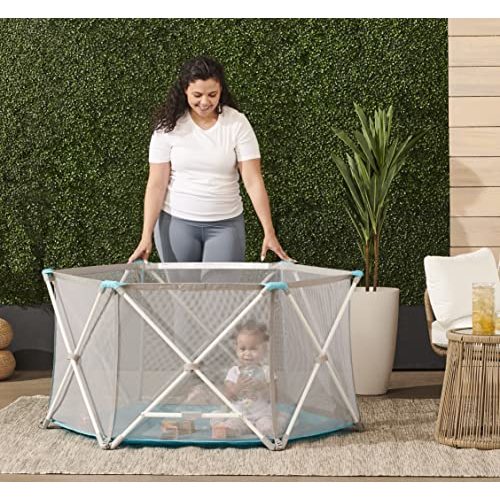 Regalo My Portable Play Yard Indoor and Outdoor, Washable, White/Gray/Teal, 6-Panel