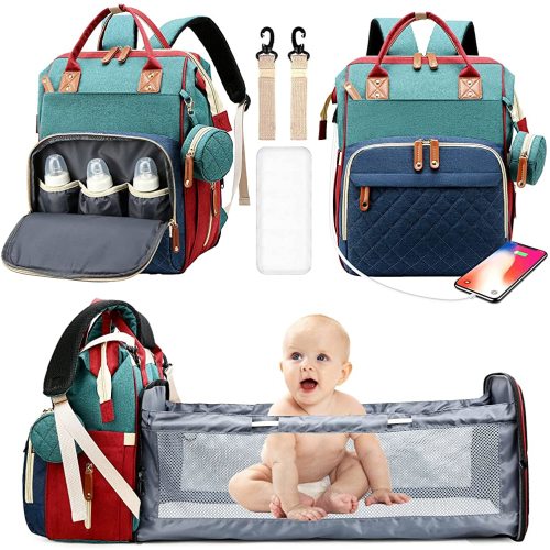 Diaper Bags Baby Backpack With Changing Pad Large Capacity Travel Diaper Bag For Dad Mom Multifunction Foldable Nappy Bags with Crib Pacifier Case USB Charging Port Insulated Pockets Waterproof