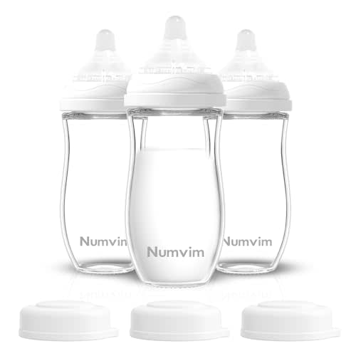 Numvim Natural Glass Baby Bottles Set, Gentle Medium Flow, Anti Colic Bottles for 3 + Months Breastfed Babies, 3 Packs (White, 8oz)