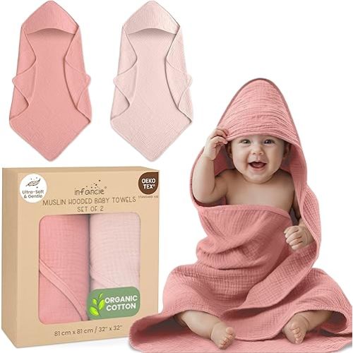 Organic Cotton Muslin Baby Hooded Towels - 32x32 Inch, 2 Pack Newborn Bath Towels for Boys & Girls, Soft & Absorbent Bath Set (Rose/Peach)