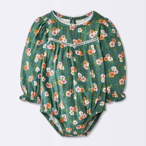 Baby Girls' Long Sleeve Floral Trim Romper - Cloud Island™ Green 3-6M