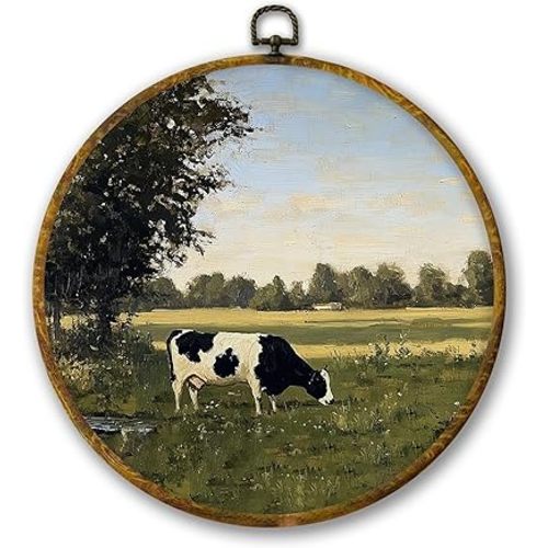 Mcehtle Rustic Cow Farmhouse Wall Art Decor, Vintage Country Cow Cottagecore Framed Canvas Prints 10x10, Retro Farm Animal Round Wall Hanging Artwork Decorations for Farmhouse Home Bedroom Living Room