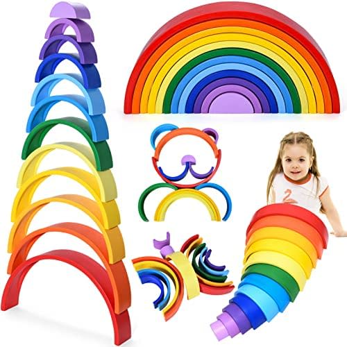 Atoylink Melamine Rainbow Stacking Toy Nesting Block Puzzle, Washable Extra Large 12Pcs Anti-break Non-BPA Building Game Stacker for Baby Kid Toddler Montessori Toys Educational Early Development Gift