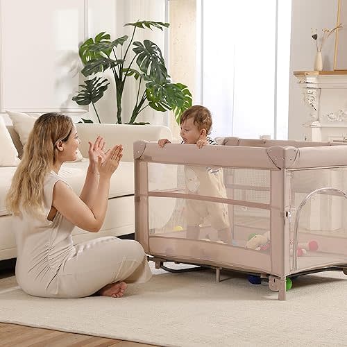 5 in 1 Pack and Play, Portable Travel Baby Bassinet, Foldable Travel Playard Playpen for Toddler, Bedside Crib Sleeper, Diaper Changer Table, Baby Playard for Newborn (Champagne)