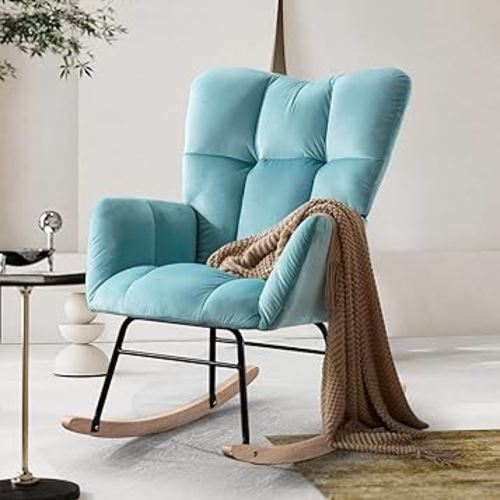 ROYALSON Velvet Rocking Chair for Baby Nursery Glider Rocker Chair with High Backrest and Floor Protection Isolation Layer for Small Space, Nursery Room, Bedroom (Aqua)