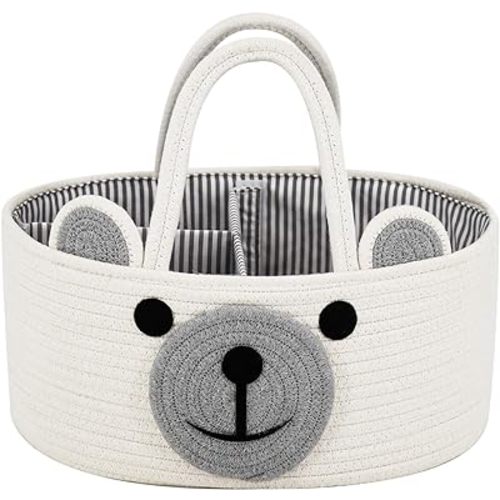 Home & Tots Baby Diaper Caddy Organizer, Cotton Rope Nursery Storage Basket for Diapers, Wipes & More, Gift for Baby Shower, Portable Organizer for Changing Table, Bear Design (Large Size - White)