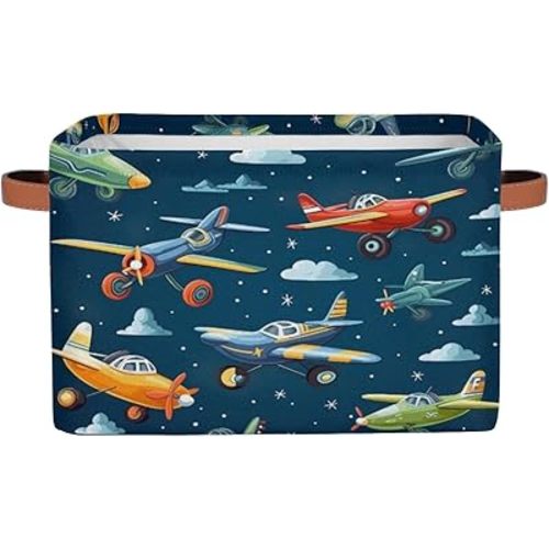 Storage Basket Cartoon Airplanes Sky Pattern Storage Bin Fabric Collapsible Toy Storage Box for Shelf Closet Bedroom Nursery Organizer Bins Kid Gift Basket with Handles, 1Pc