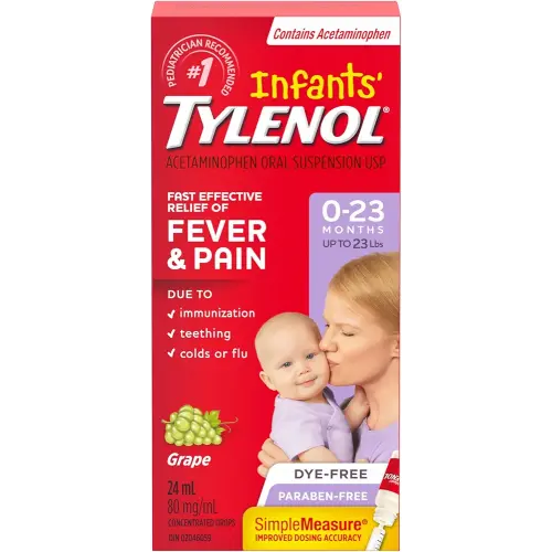 Tylenol Infant Fever, Teething and Pain Reliever for Baby, Grape Suspension Medicine, Dye Free, 24ML