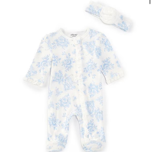 Blue Roses 2-Way-Zip Footed One-Piece And Headband