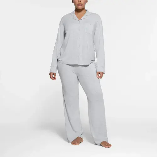 SKIMS SLEEP LONG SLEEVE BUTTON UP SET | LIGHT HEATHER GREY