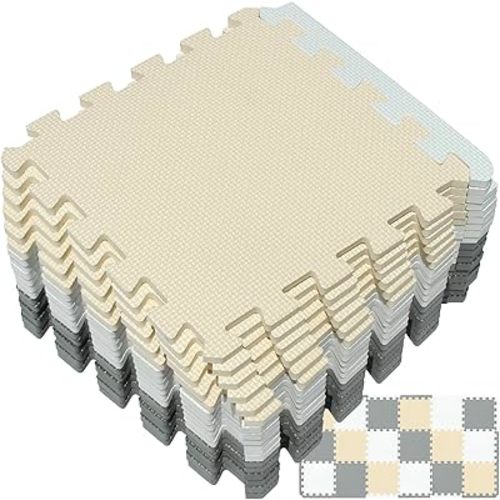 Yostrong® 18 Tiles Interlocking Puzzle Foam Baby Play Mat with Straight Edges for Playing - EVA Babies Crawling Mat | Rubber Floor Work Out Mats for Home Gym. White, Beige, Gray. YOC-AJLb18S18