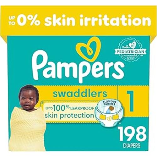 Pampers Swaddlers Diapers - Size 1, One Month Supply (198 Count), Ultra Soft Disposable Baby Diapers