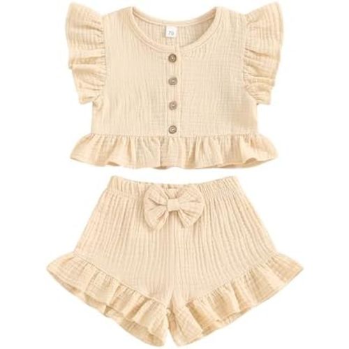 BemeyourBBs Summer Toddler Girl Clothes Baby Girl Ruffle Sleeveless Shirt with Buttons Bow Bloomers Shorts Set Cute Outfits